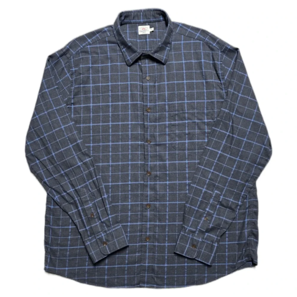 Faherty The Movement Button Shirt Men 2XL Performance Gray‎ Blue Windowpane